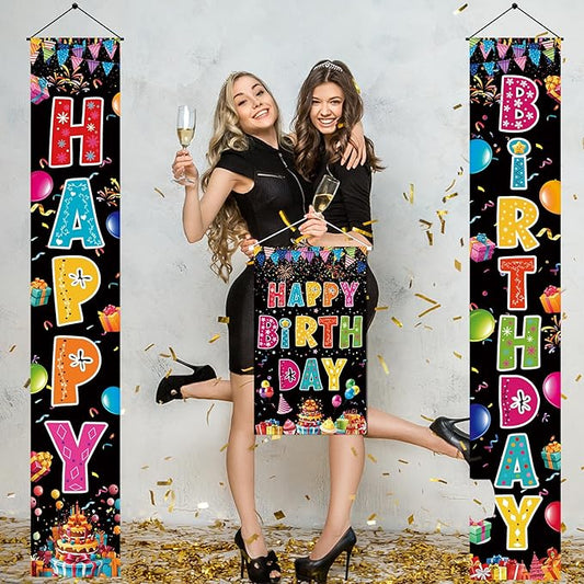 3 PCS Colorful Happy Birthday Banner Door Porch Sign Photography Black Background Party Supplies for Kids Boys Girls Birthday Party Supplies Indoor Outdoor Decor(Black)