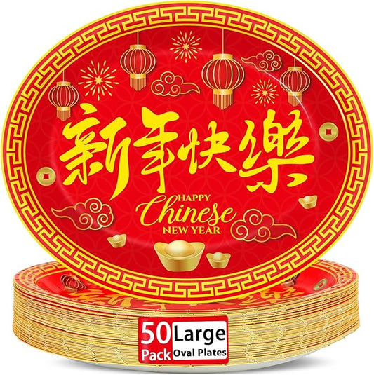 Qyeahkj 50 PCS Chinese New Year Decorations Year of the Horse 2026 Party Disposable Dessert Paper Large Plates for Chinese New Year Eve Supplies Favor Spring Festival Party Tableware Set