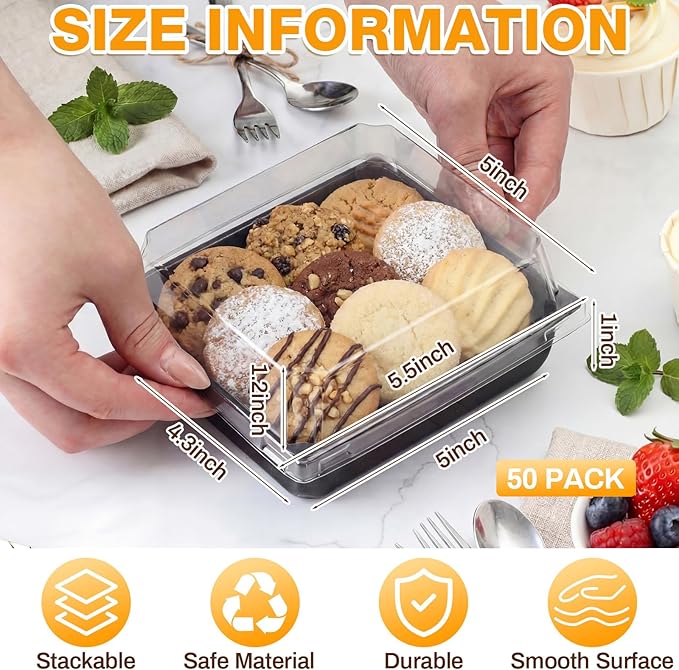 Shellwei 50 Pack Mini Catering Trays with Lid 5.5 x 5 Inch Plastic Serving Tray with Lids, Disposable Catering Boxes for Cake Slice, Cookies, Desserts, Serving Platters Containers for Travel Party
