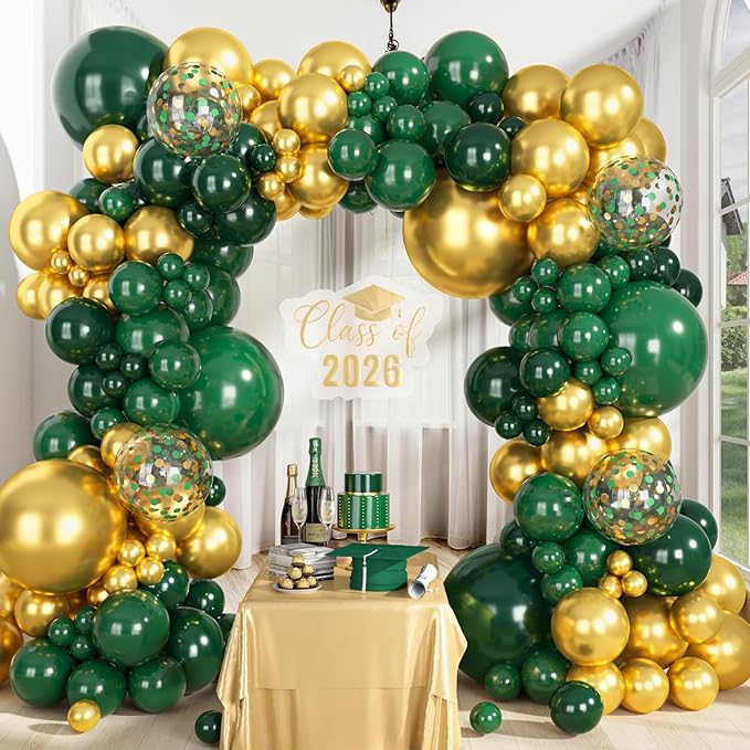 Ouddy Party 149Pcs Green and Gold Balloon Garland Kit Different Sizes 18 12 10 5Inch, 6Pcs 18” Metallic Green Gold Confetti for Graduation Balloons Class of 2026 Decorations Birthday Party Decor