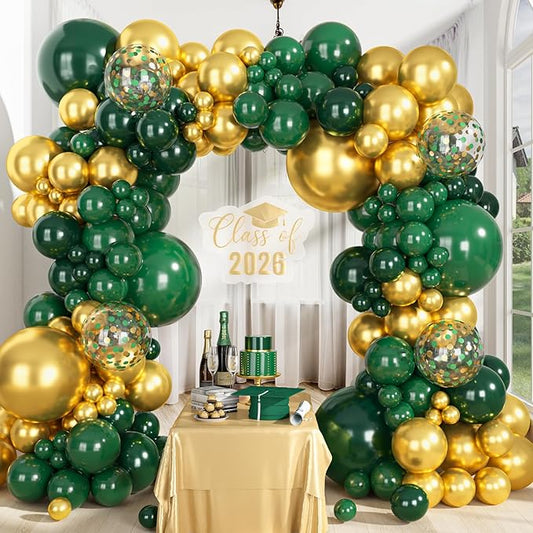 Ouddy Party 149Pcs Green and Gold Balloon Garland Kit Different Sizes 18 12 10 5Inch, 6Pcs 18” Metallic Green Gold Confetti for Graduation Balloons Class of 2026 Decorations Birthday Party Decor