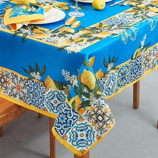 YiHomer Provence Blue Lemon Mediterranean Tile Tabletop for Spring Summer Decorations, Picnics and Dinner Parties - Indoor Outdoor, Stain and Water Resistant, Tablecloth, 52 x 52 Square