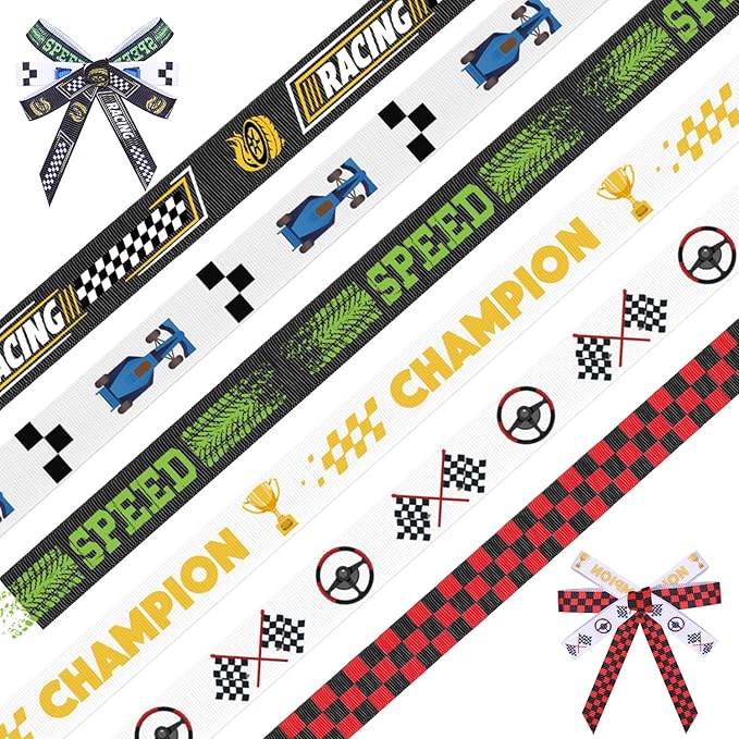 6 Pieces Racing Ribbon 3/8 Inch x 30 Yards Grosgrain Ribbons Checkered Flag Race Car Patterns Ribbon Motorsport Gift Wrapping Ribbons for Sports Awards Party Decoration Racing Events