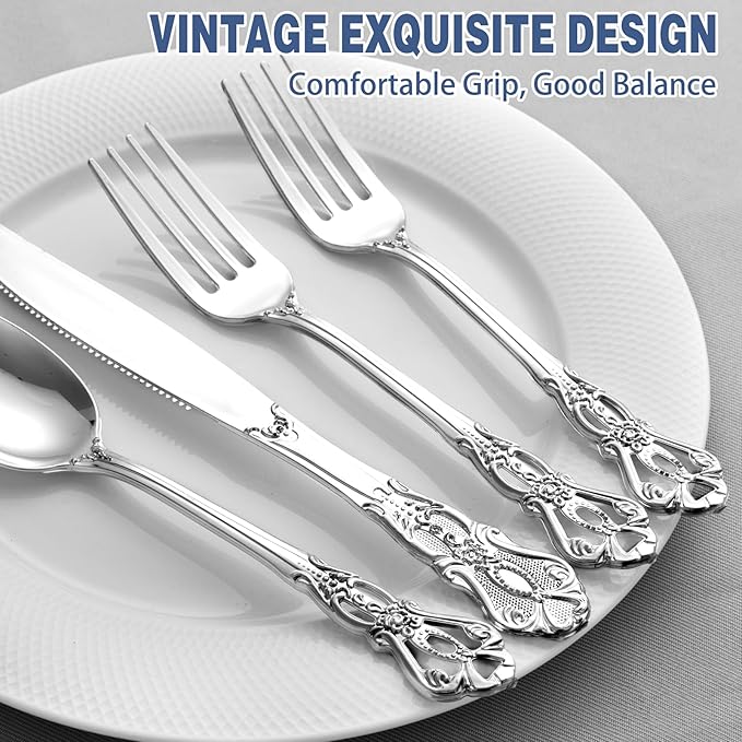 90PCS Silver Plastic Silverware - Heavy Duty Silver Disposable Cutley - Fancy Plastic Utensils Flatware Include 30 Forks, 30 Spoons, 30 Knives for Catering, Parties, Dinners, Weddings