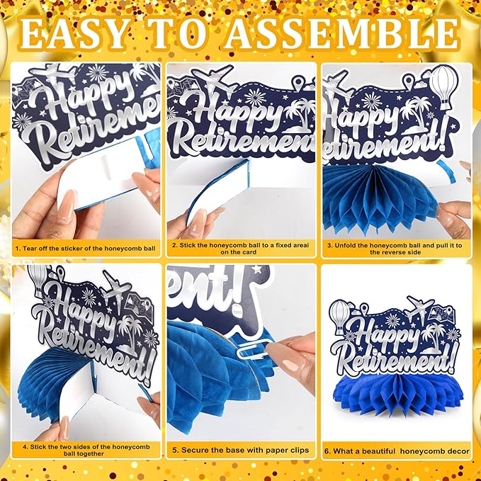 9 Pcs Retirement Party Decorations Honeycomb Centerpieces, Blue Silver Happy Retirement Table Decorations, Funny Officially Retired Table Toppers for Men Women Party Supplies