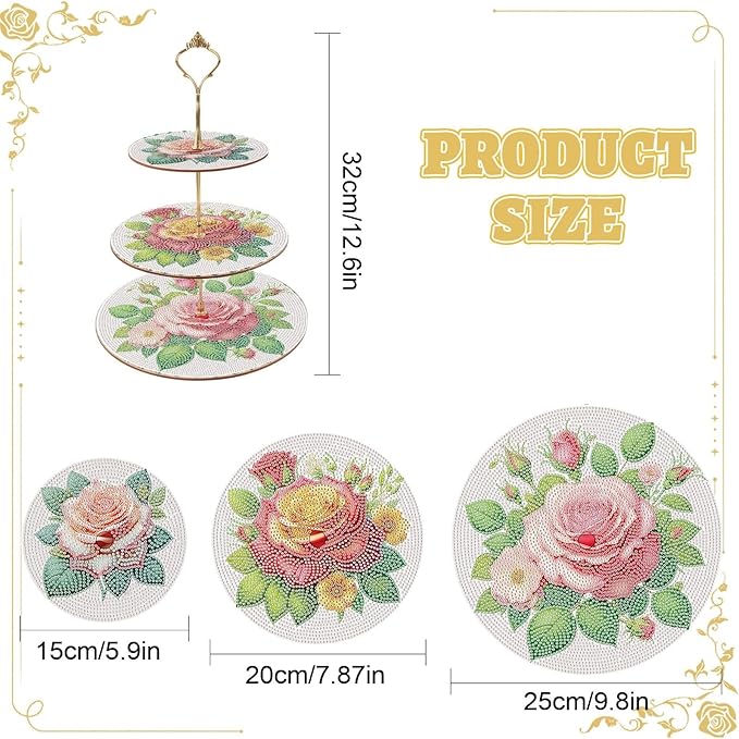 DoxQcs 3 Tier Wooden Diamond Art Painting Cake Cupcake Display Stand Round Cupcake Stand Dessert Tower Pastry Tray Platter for Tea Party Wedding Birthday-Rose