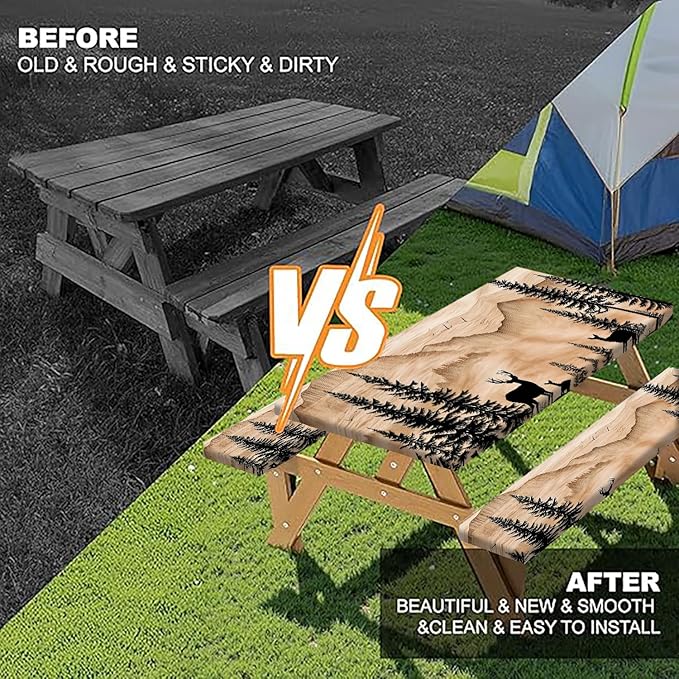 Picnic Table Cover with Bench Covers Camping Essentials Rustic Hunting Deer Forest Waterproof Windproof Camping Tablecloth Fitted Tablecloth Cover with Elastic Edge for Indoor Outdoor 3 PCS 30x72 Inch