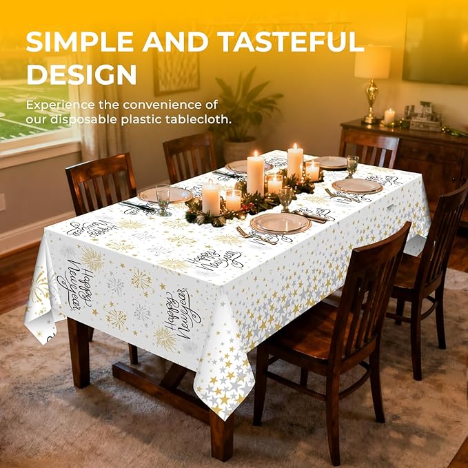 6 Pack Happy New Year Tablecloths Premium Disposable Plastic Tablecloth 54" x 108" Table Cloths for 6 to 8 Foot Tables New Years Eve Parties Decoration Supplies (New Year White)