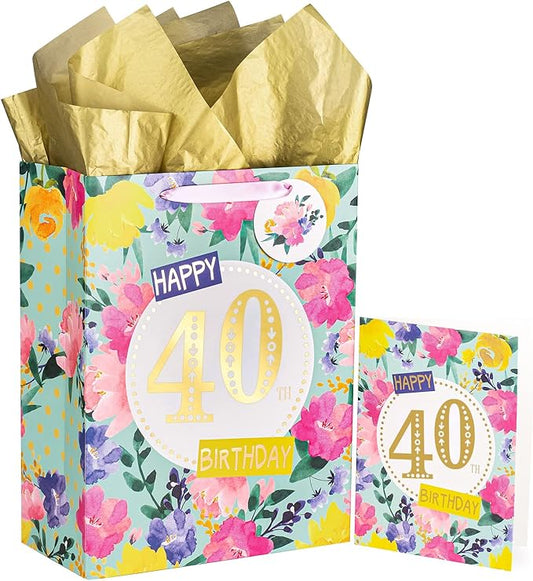 WRAPAHOLIC 13" Large 40th Birthday Gift Bag with Card and Tissue Paper - Floral 40th Birthday