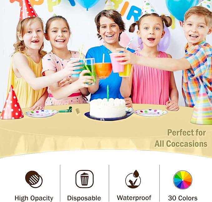 Party Solids Pack Of 6 Premium Plastic Tablecloth 84 Inch Round Plastic Table Cover - Light Yellow
