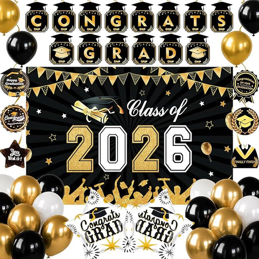 Black Gold Graduation Decorations 2026, Graduation Party Decorations Set with Class of 2026 Backdrop Congrats Grad Banner Foil Star Balloon Grad Balloon Hanging Streamers Kit for High School College