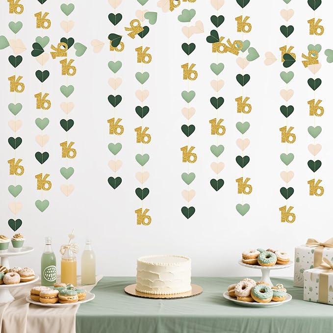 Sage Green Gold 16th Birthday Decorations Sage Green Gold Heart Garland Streamer Banner Backdrop for Girls Happy 16th Birthday Sweet 16 Decorations Cheers to 16 Years Old Anniversary Party Supplies
