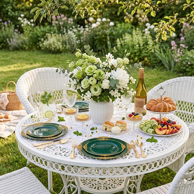 125PCS Green Plastic Plates - Green and Gold Disposable Plates - Fancy Vintage Plate with Gold Plastic Silverware Set for 25 Guests for Party Wedding Spring