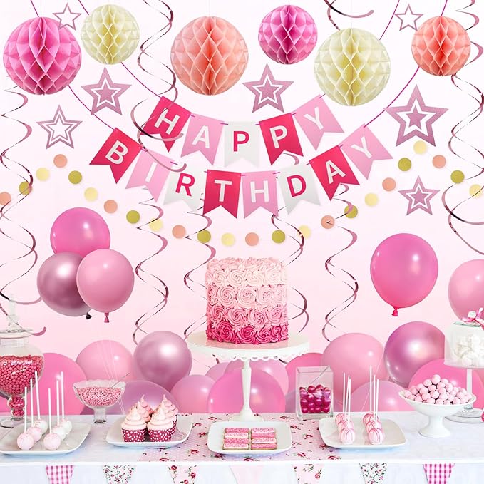 ZERODECO Birthday Decorations, Easy to Assemble Pink Happy Birthday Banner with Honeycomb Ball, Balloon, Hanging Swirl Streamer, Garland, Happy Birthday Party Decorations for Women Girls Kids
