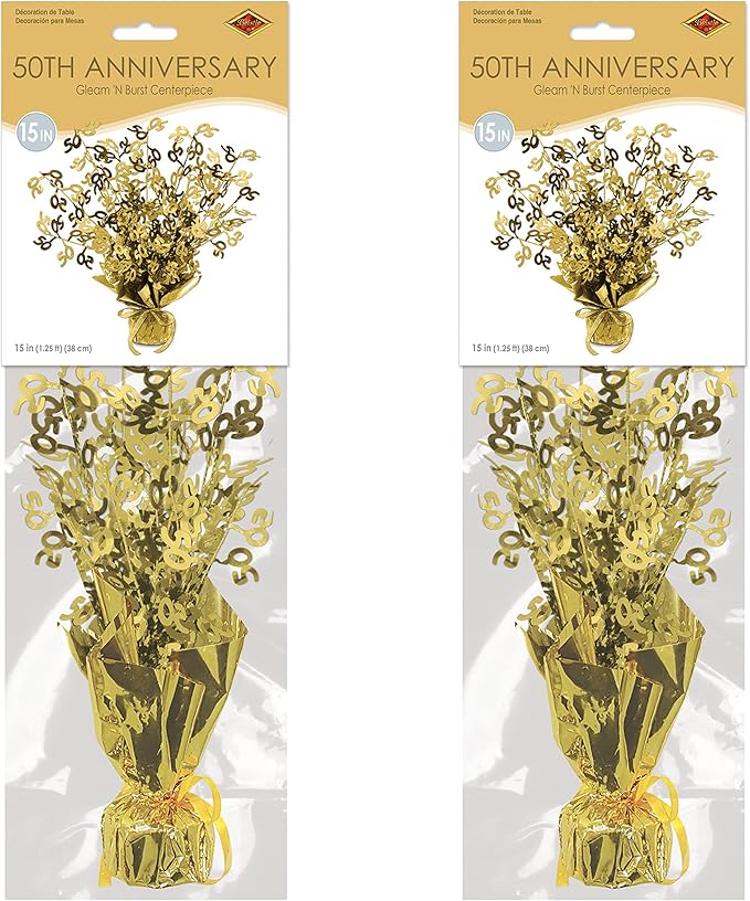 Beistle 50" Gleam ‘N Burst Centerpieces, 2-Piece Gold Metallic Table Display for 50th Birthday Parties, Anniversaries, and Milestone Celebrations, 15”