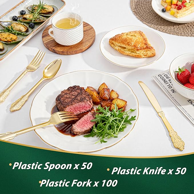 WDF 200 Pieces Gold Plastic Silverware Disposable - 50 Guests Heavy Duty Thanksgiving Gold Plastic Cutlery - Disposable Utensils Includes 100 Forks, 50 Spoons, 50 Knives Perfect for Party/Weeding