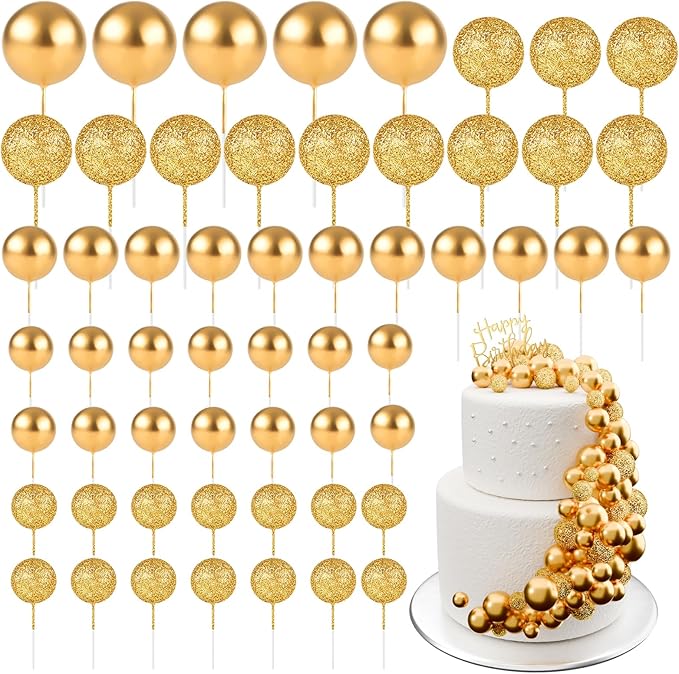 60Pcs Glitter Cake Balls Decorations Foam Cake Topper Balls Mini Balloon Cupcake Toppers for Cake Decorating Birthday Baby Shower Party (Glitter Gold)