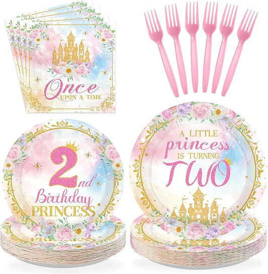 96Pcs Princess 2nd Birthday Party Decorations for Girls A Little Princess Is Turning Two Plates and Napkins Sets Pink Castle Once Upon a Time Decoration for Two Year Old Bday Party Supplies Serves 24