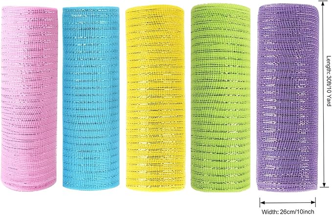 5 Rolls Easter Mesh Ribbon for Wreath, 10 Inch x 30FT Per Roll Metallic Foil Deco Mesh Rolls Light Pink Blue Yellow Green Purple Decorative Mesh for Spring Easter Baby Shower Party Decor