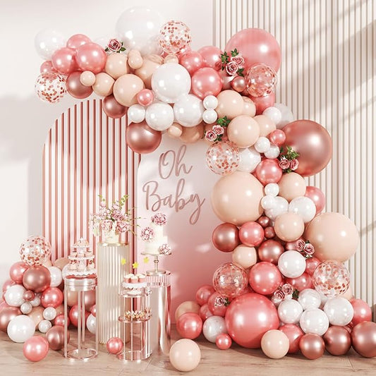 MEBAY 147PCS Rose Gold Balloon Garland Arch Kit, Pearl Rose Gold Metallic White Nude Balloons with Confetti for Wedding Bridal Shower Princess Party Girl Birthday Baby Shower Decorations