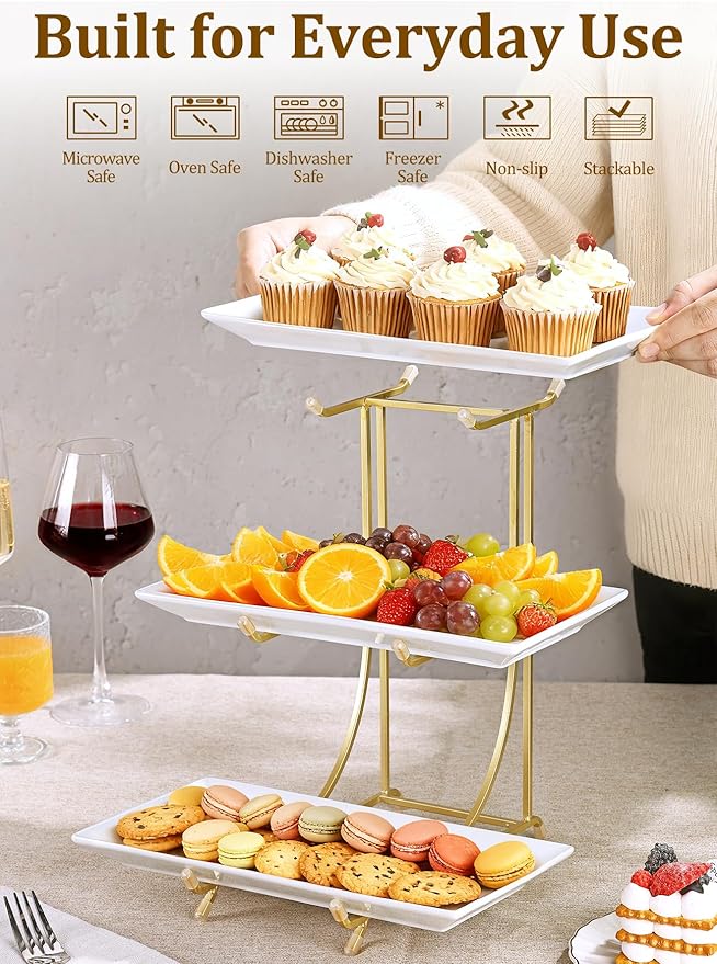 3 Tier Serving Tray Set – 12 Inch Porcelain Serving Platters with Pre-Assembled Gold Metal Stand, No Installation Required, Tiered Tray for Dessert Fruit Food Display and Party Entertaining