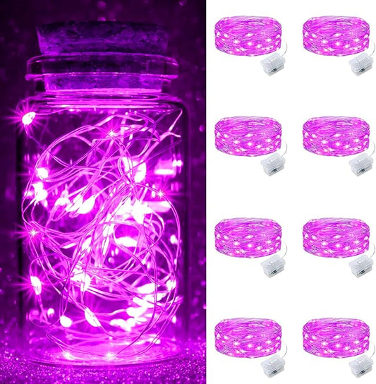 pozzolanas 8 Pack Pink Fairy Lights Battery Operated 3 Modes 7FT 20 LED Waterproof String Lights Twinkle Silver Wire for Mason Jars Wedding Christmas Halloween Party Decor (8, Pink)