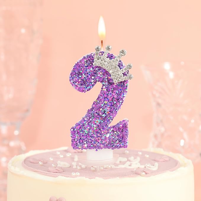 Birthday Number Candles,Purple Crown Birthday Candles for Cake,Glitter Number 2 Candle Cake Topper with Sequins for Anniversary Celebrations Supplies