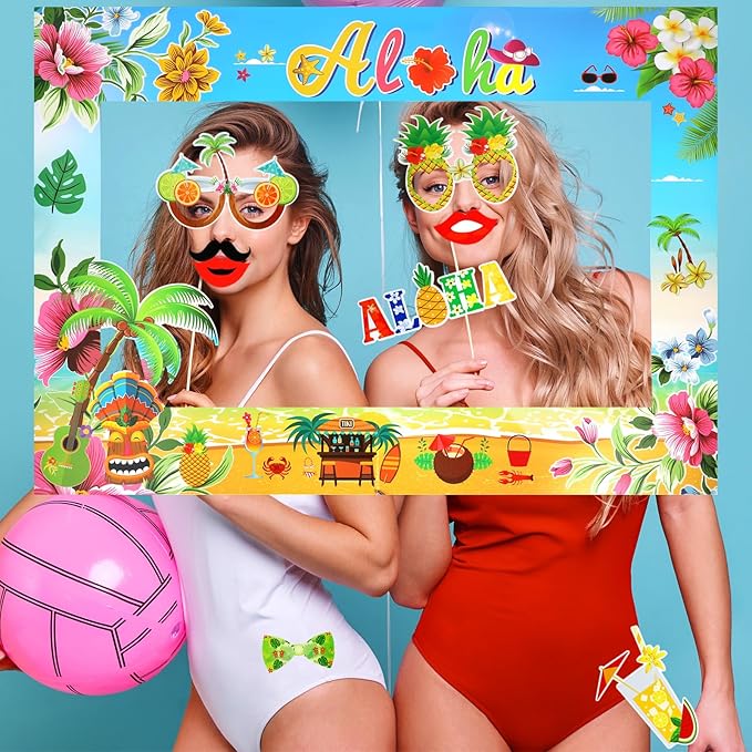 PHOGARY 13PCS Luau Photo Booth Props with 1PCS Hawaii Aloha Photo Frame Photo Props, Summer Photo Booth Props Kit for Hawaiian Tropical Luau Summer Pool Beach Birthday Party Decorations Supplies
