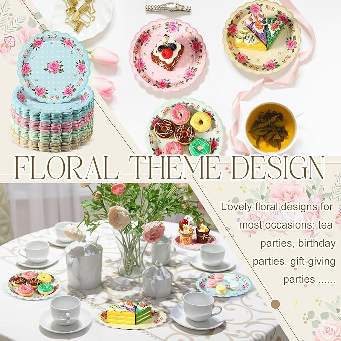 Umigy 100 Pcs Mother's Day Tea Party Decorations 7 Inch Floral Paper Plates Disposable Blossom Dessert Saucers Sets Floral Dessert Dishes for Girls Women Birthday Party Supplies