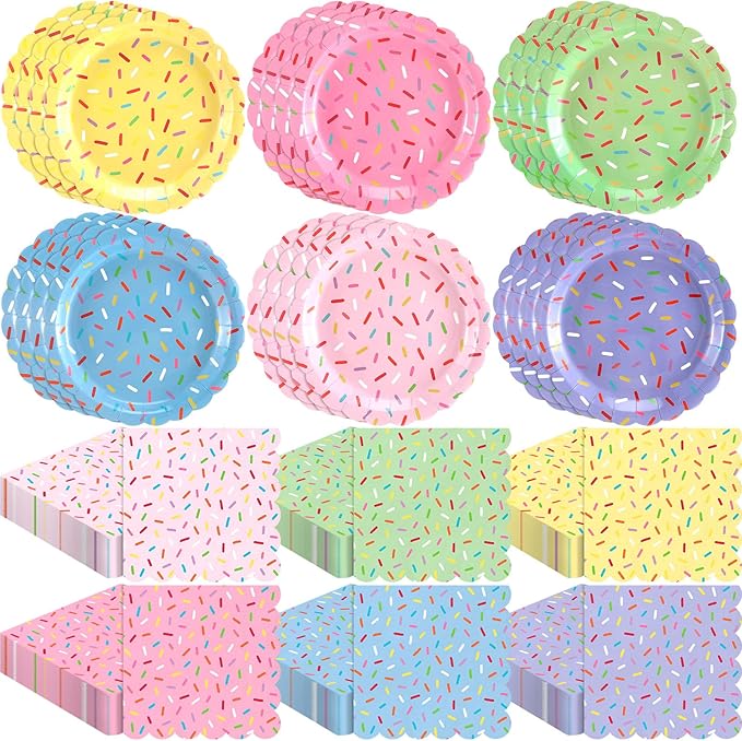 Mimorou 48 Pcs Donut Plates and Napkins Party Supplies Confetti Sprinkle Paper Plates Disposable Cocktail Napkins for Sprinkle Ice Cream Party Supplies Baby Shower Decorations for 24 Guest (Scalloped)