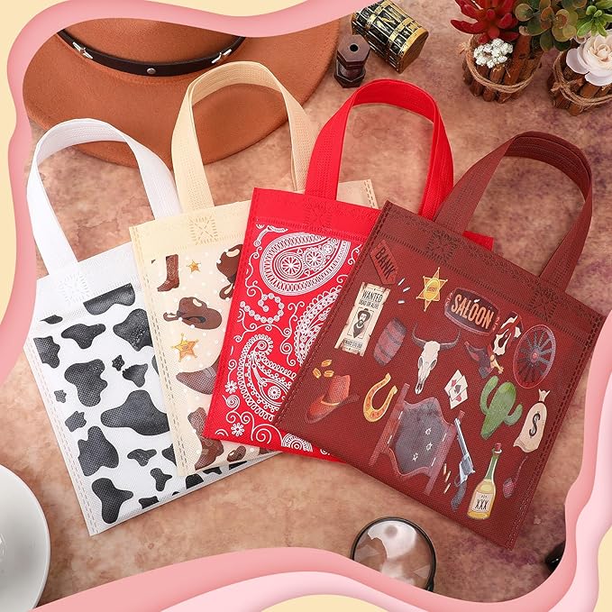Tudomro 24 Pcs Western Cowboy Favor Bags with Handles, Non Woven Gift Bags, West Cow Print Paisley Hat Boots Treats Totes for Rodeo Birthday Baby Shower Party Supplies