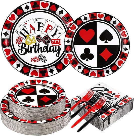 Grencian 200PCS Casino Party Decorations Poker Plates and Napkins Disposable Casino Birthday Paper Tableware Set for Las Vegas Night Poker Club Birthday Party Supplies, Serves 50