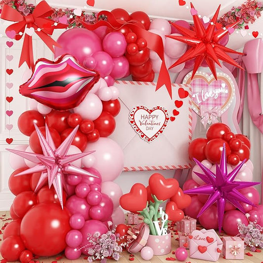 Mothers Day Balloon Arch Kit, Red Pink Balloon Garland with Foil Lips Star Balloons for Mothers Day Women Girls Birthday Bachelorette Bridal Shower Wedding Engagement Anniversary Party Decorations