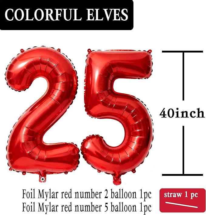 Red Number 25 Balloons 40 Inch Giant Number Red 25 Foil Mylar Balloons for 25th Birthday Anniversary Events Party Decorations