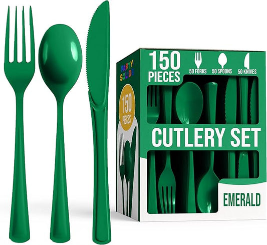 Party Solids Emerald Green Plastic Silverware Heavy Duty 150 Pieces Green Disposable Silverware Heavy Duty, Utensil Sets, 50 Of Each Forks, Knives & Spoons Disposable Cutlery Set For Party Supplies