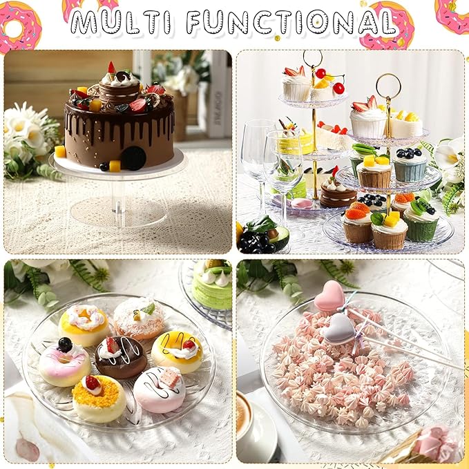 Pinkunn 9 Pcs Acrylic Cake Stand Set Include 4 Pcs 3 Tier Cupcake Tower 4 Round Dessert Tray 1 Cake Pedestal Stand Dessert Table Cupcake Holder for Birthday Wedding Baby Shower Party Decoration