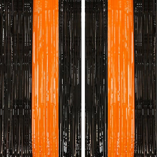 PIGETALE 2 Pack Black and Orange Tinsel Foil Fringe Curtain, 3.2Ftx8.2Ft Halloween Backdrop Curtains Photo Booth Props Streamers Christmas Birthday Party Anniversary Wedding Retirement Decorations