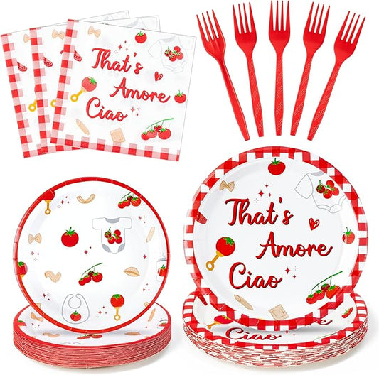 Haooryx Baby Pasta Noodle Party Tableware - 96 Pcs Red Tomato Italian Noodle Baby Print Decor Disposable Paper Plates Napkins Plastic Forks for Baby Shower Boys Girls Birthday Party Table Decor Supply