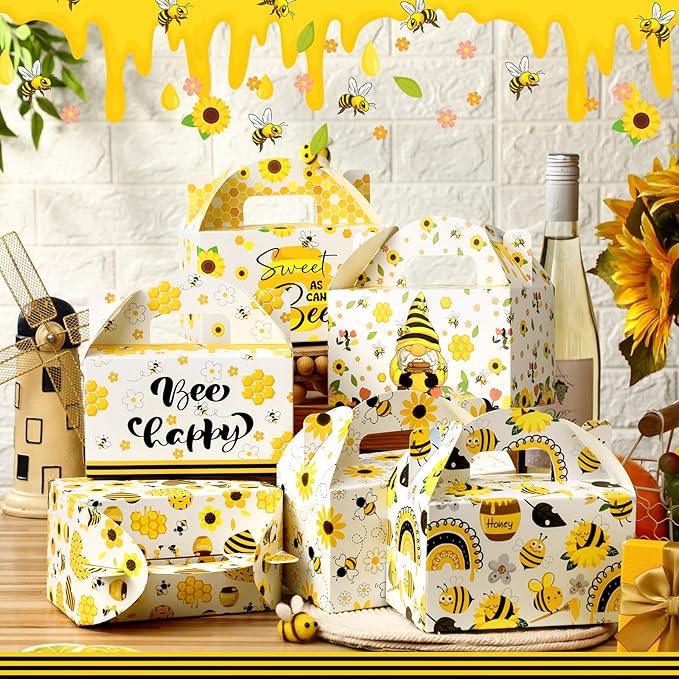 Dunzoom 24 Pcs Bee Festival Decor Bee Gnome Boxes Candy Boxes with Handles Treat Goodie Gift Bags for Birthday Baby Shower Party Supplies