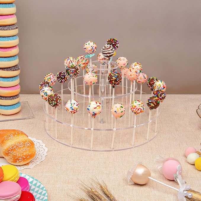 YestBuy Acrylic Cake Pop Display Stand , 30 Hole Clear Acrylic Lollipop Holder, 3 Tiered Round Cake Pop Holder For Weddings, Birthday Parties, Anniversaries Gift, Halloween Candy Decorative (Clear)