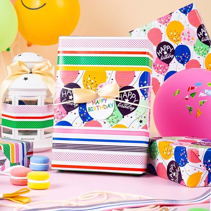 MAYPLUSS Birthday Gift Wrapping Paper Roll - 17 Inch x 16.4 Feet - Colorful Kids Style Confetti Balloons Birthday Festive Gift Wrap Paper for Boys,Girls Celebration, Holiday, Party, Baby Shower