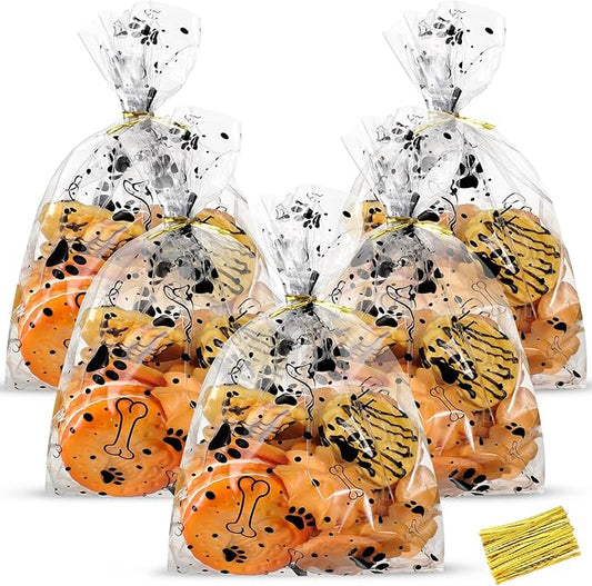 HESTYA 50 Counts 5 x 11 Inches Dog Paw Treat Bags Flat Clear Cellophane Twist Ties Included, Ideal for Homemade Treats, Candy, Goodie Party Bags for Pet Birthday Party Favor Supplies