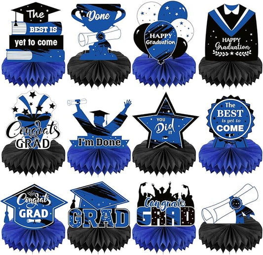 Honoson 12 Pcs 2026 Graduation Party Decorations Class of 2026 Congrats Grad Table Centerpieces Congratulate Graduation Honeycomb Table Toppers for Grad Party Favor Supplies(Blue, Black)