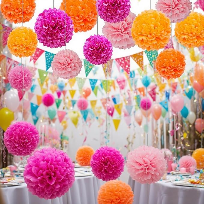 12pcs Hot Pink and Orange Tissue Paper Pom Poms,Hanging Paper Pompoms for Pink Orange Party Decoration