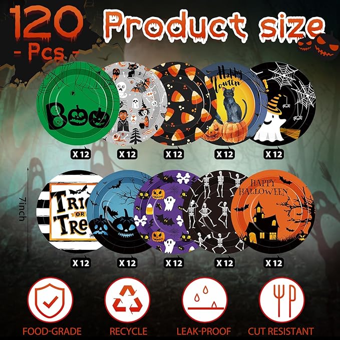 Umigy 120 Pieces Halloween Paper Plates 7 Inch Spider Web and Ghost Disposable Dessert Plates Haunt Pumpkin Disposable Tableware Dinnerware for Halloween Spooky Themed Party Birthday Party Decorations