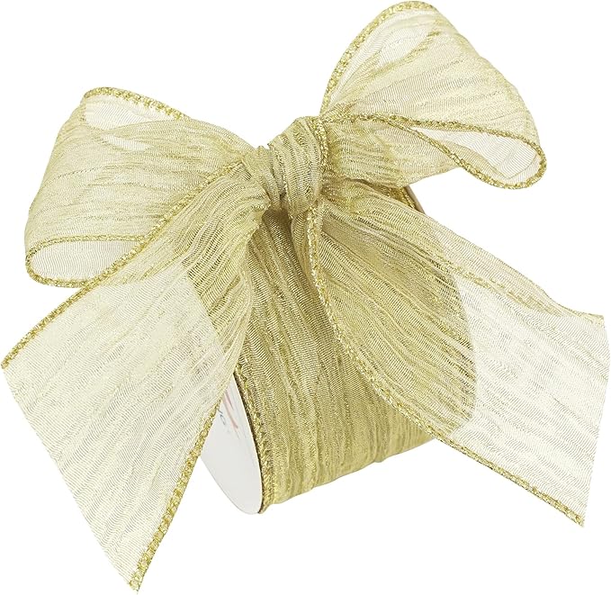 HUIHUANG Gold Wired Ribbon Crinkle Wire Edge Ribbon 2-1/2 inch Wavy Metallic Wired Ribbon for Gift Wrapping Basket Wreaths Bows Making Home Event Decor DIY Crafts Christmas Tree Top Bows -10 Yards