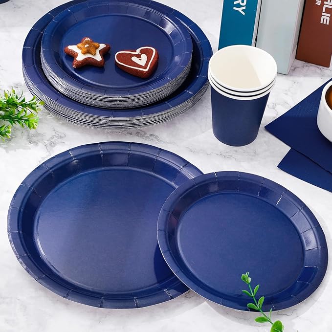 Whaline 100Pcs Navy Blue Tableware Set Wedding Disposable Dinnerware Set Paper Plates Napkins and Cups for 25 Guests Wedding Birthday Bride Shower Party Supplies Table Decorations