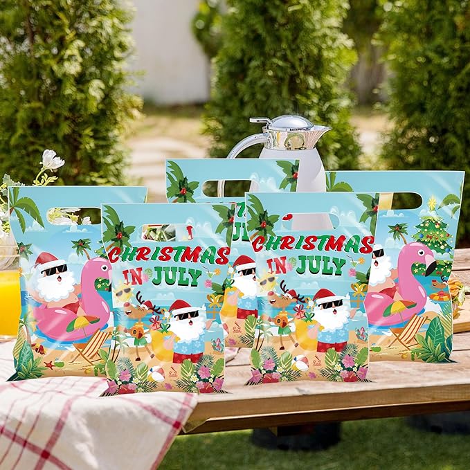 MOIZYNG Christmas in July Decorations, 50Pcs Christmas in July Plastic Candy Treat Goodie Gift Bags with Handles, Summer Hawaiian Beach Pool Party Favors Supplies