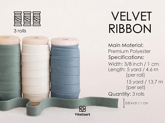 Vitalizart Velvet Ribbon Dusty Green Blue 3/8" x 15 Yd Fabric Trim 3 Rolls * 5 Yd for Christmas Wreath Decoration Craft Ornaments Gift Wrapping Bows