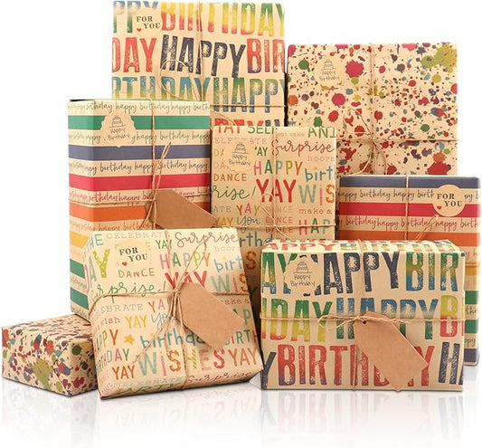 MAMUNU Birthday Wrapping Paper, 8 Sheets Brown Kraft Recycled Gift Wrapping Paper, Colorful Happy Birthday Gift Wrapping Paper Set with Stickers and Tags for Kids Women Men Birthday All Occasions, 20×28 Inch